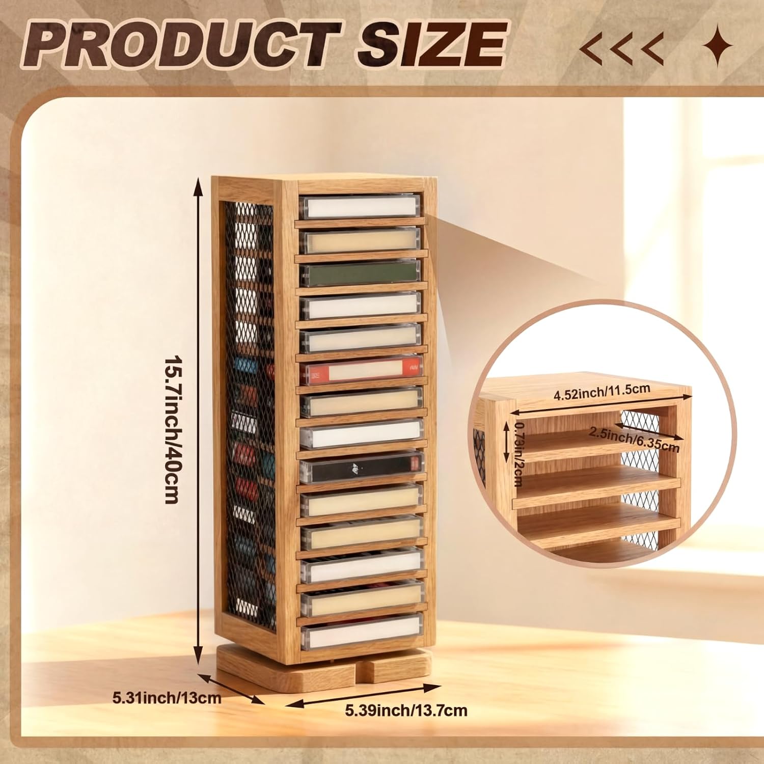 Ripeng Cassette Tape Holder, 28 Capacity 360° Rotating Double Sided Storage Rack, Natural Metal & Wood Display Shelf for Home, Music Studio