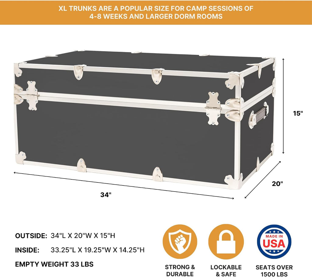 Rhino Trunk & Case Classic XL Trunk With Wheels 34"x20"x15", 1500+ lbs Capacity - Many Colors, Soft-Close Lid. Strong, USA Made Summer Camp Footlocker and Secure College Dorm Storage Chest