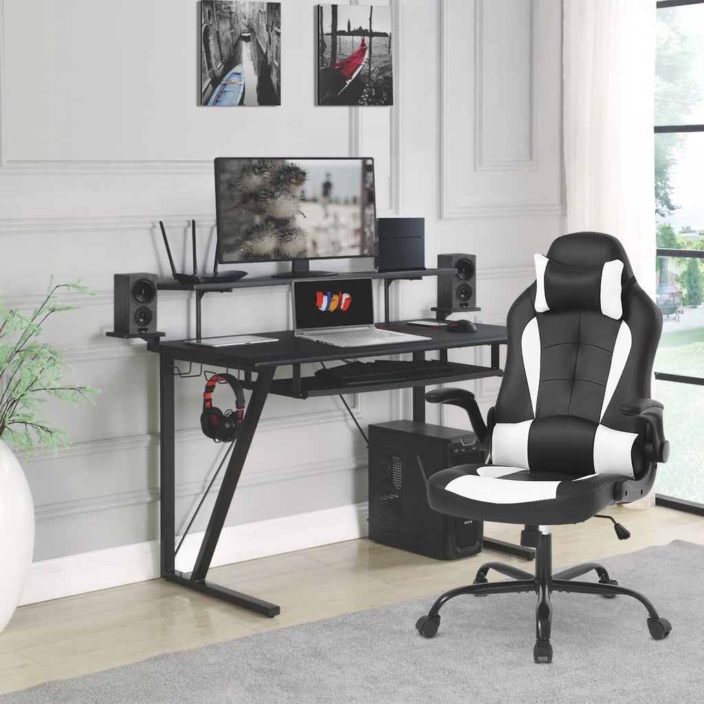 Dopinmin Gaming Chair Racing Computer Chair PU Leather Game Chair Desk Chair with Lumbar Support Flip Up Arms Headrest High Back Swivel Rolling Adjustable Ergonomic Office Chair, White