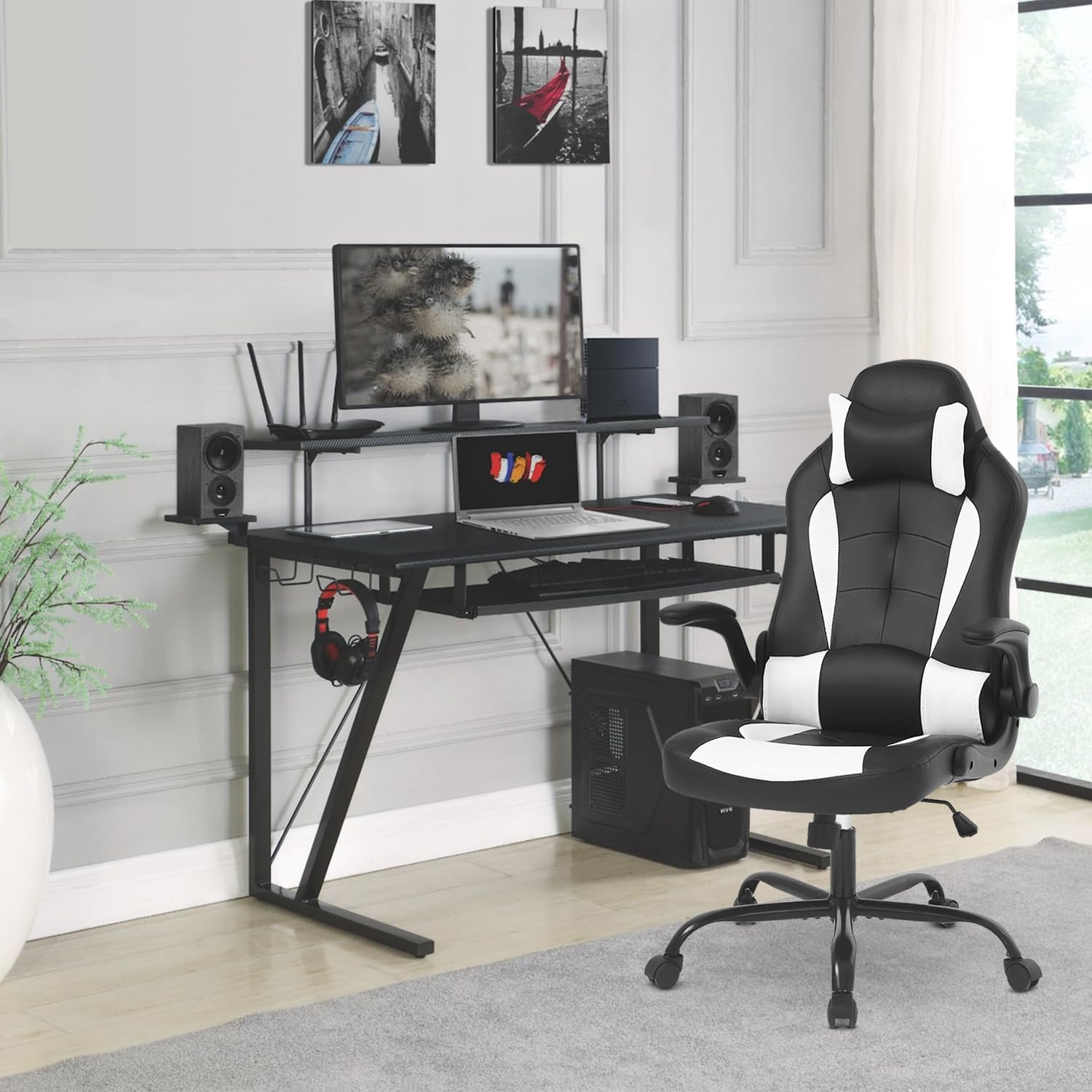 Dopinmin Gaming Chair Racing Computer Chair PU Leather Game Chair Desk Chair with Lumbar Support Flip Up Arms Headrest High Back Swivel Rolling Adjustable Ergonomic Office Chair, White