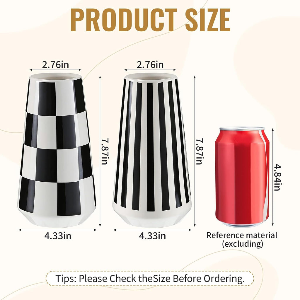 2 Pcs Black and White Ceramic Vase, Mid Century Modern Striped & Checkered Vases for Flower & Pampas Grass Centerpiece, Minimalist Decorative Vase for Dining Table Kitchen Tabletop