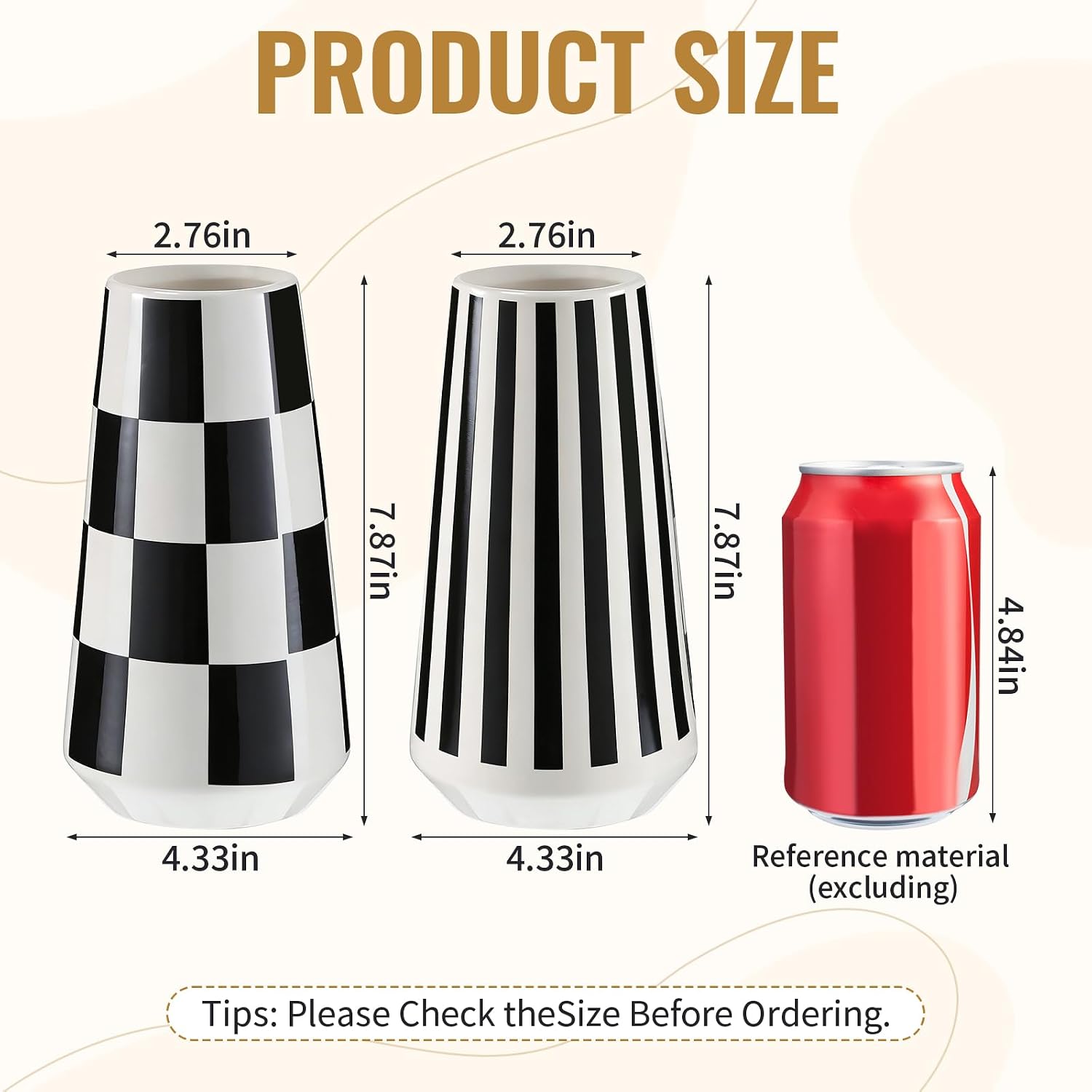 2 Pcs Black and White Ceramic Vase, Mid Century Modern Striped & Checkered Vases for Flower & Pampas Grass Centerpiece, Minimalist Decorative Vase for Dining Table Kitchen Tabletop