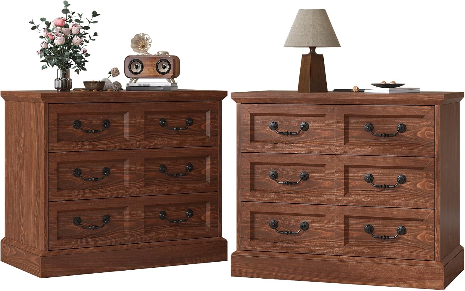 VVFLU 27.6" Wide Farmhouse Nightstand with Charging Station, 3 Drawer Nightstands Set of 2, Larger Side Table End Table, Modern Night Stand for Bedroom, Living Room, Cherry Nightstand