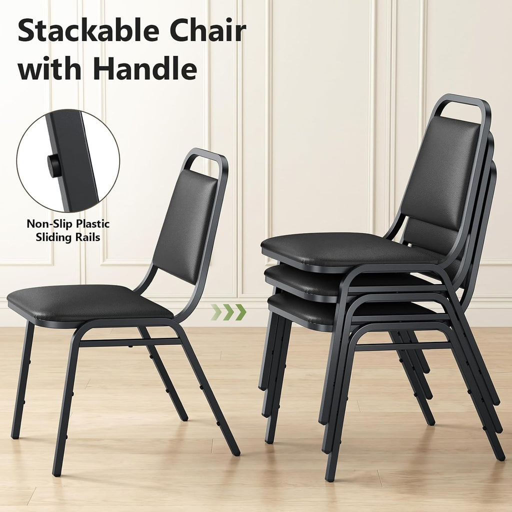 Stacking Chairs Set of 4,Stackable Office Chairs with Faux Leather Upholstered Seat,Heavy Duty Metal Frame Guest Chairs, No Assembly Conference Chairs for Meeting,Training & Reception Room, Black