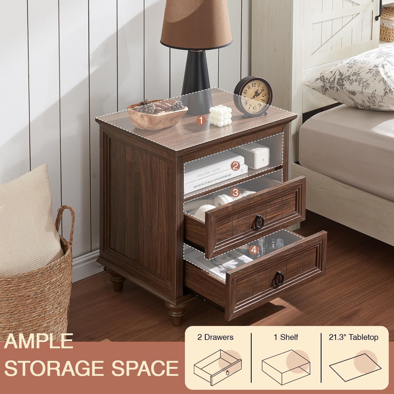 Farmhouse Nightstand with Charging Station, 22" Large End Table with 2 Drawers & Open Shelf, Rustic Wood Square Sofa Side Bedside Table w/4 Solid Wood Feet for Living Room, Bedroom,2 Pack,Walnut