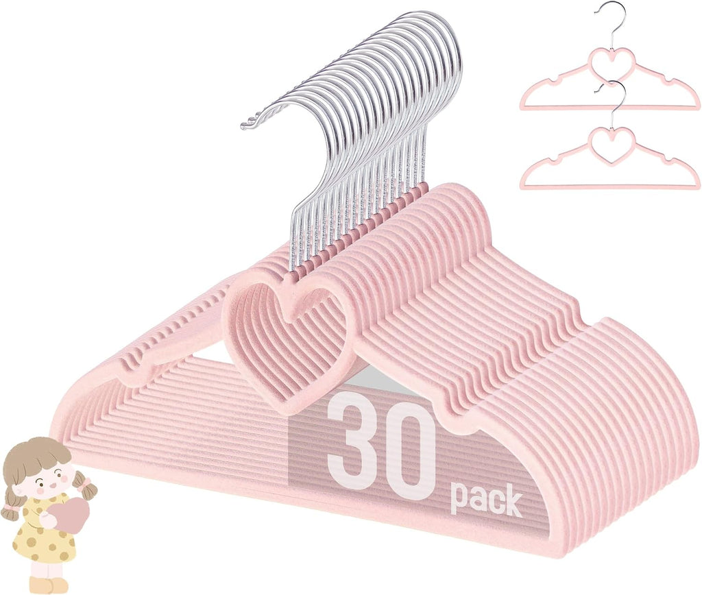GOSCHE Baby Hangers 11 inch, Toddler Velvet Hnagers, Non-Slip for Baby and Children Clothes, Durable Ultra-Slim Space-Saving Closet Organizers, Pink, 30 Pack