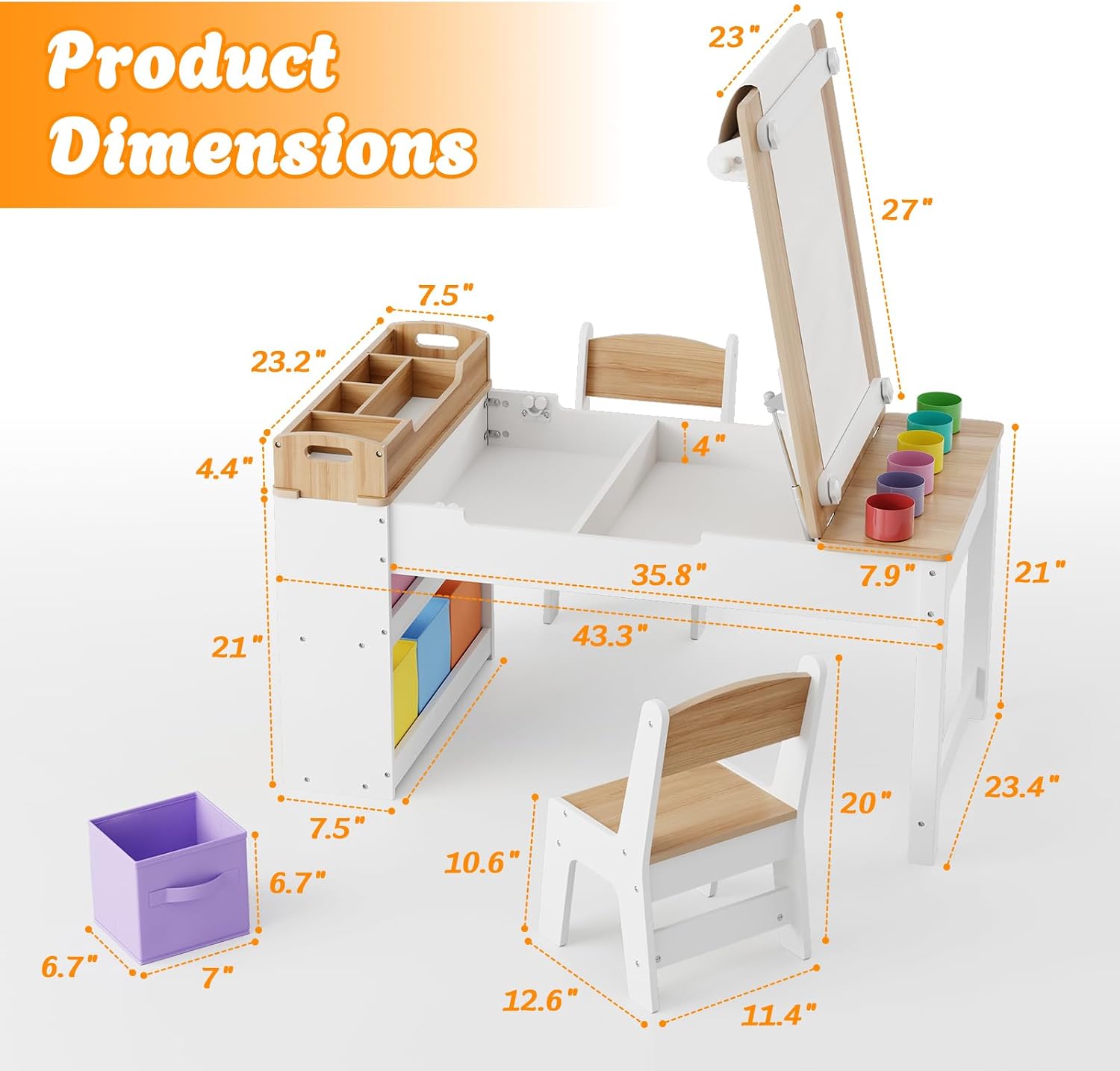 Kids Art Table and Chair Set with 2 Chair & Bins, 44" L x 24" W, Natural | Large Storage Kids Activity Desk, Toddler Craft Table and Chairs Set with Paper Roll for Playrooms & Classroom