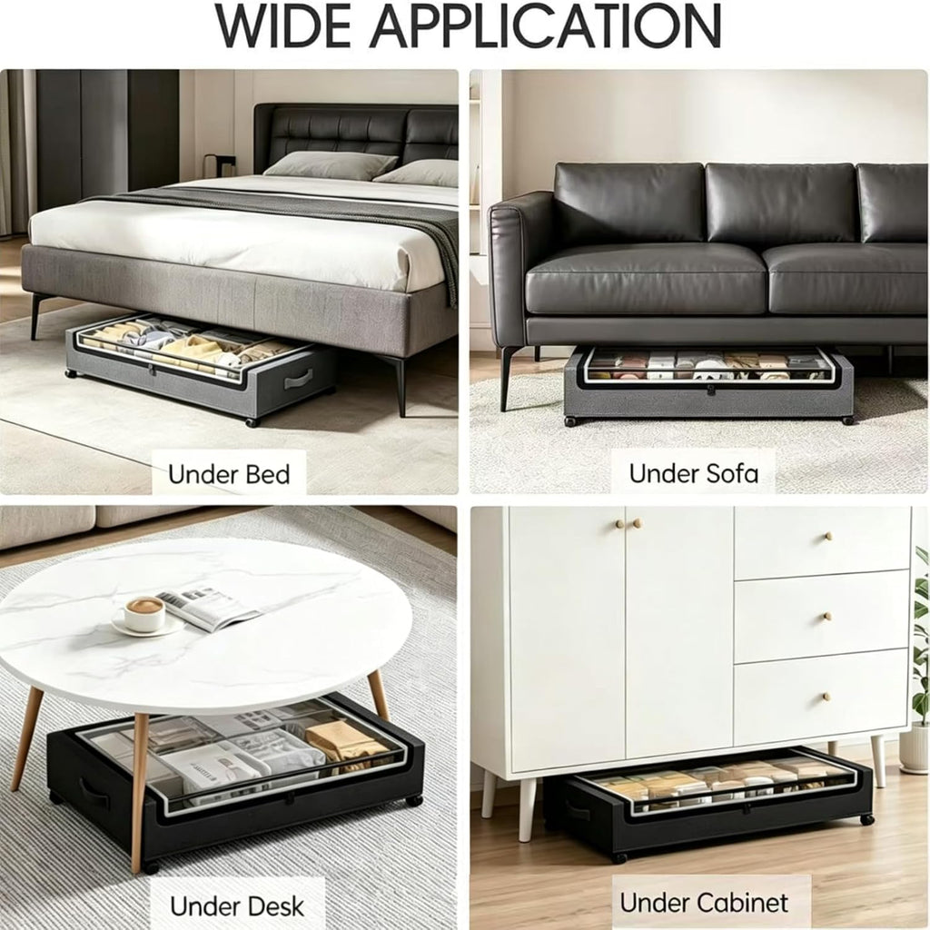 Under Bed Storage with Wheels, 2Pack 50L Under Bed Containers with Clear Lids, Dust Protection Underbed Bins for Clothes, Shoes, Space-Saving Organizer for Bedroom/Dorm, Black and Grey