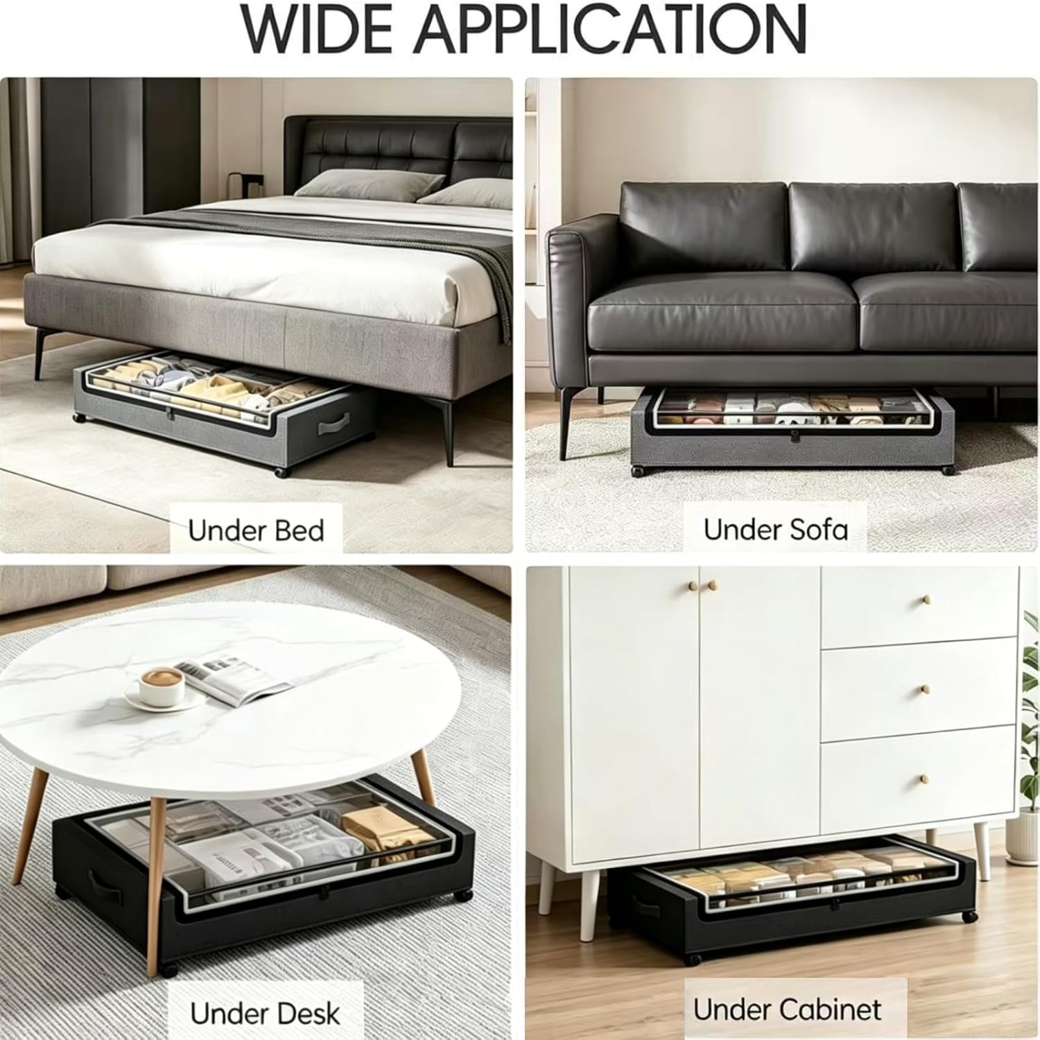Under Bed Storage with Wheels, 2Pack 50L Under Bed Containers with Clear Lids, Dust Protection Underbed Bins for Clothes, Shoes, Space-Saving Organizer for Bedroom/Dorm, Black and Grey