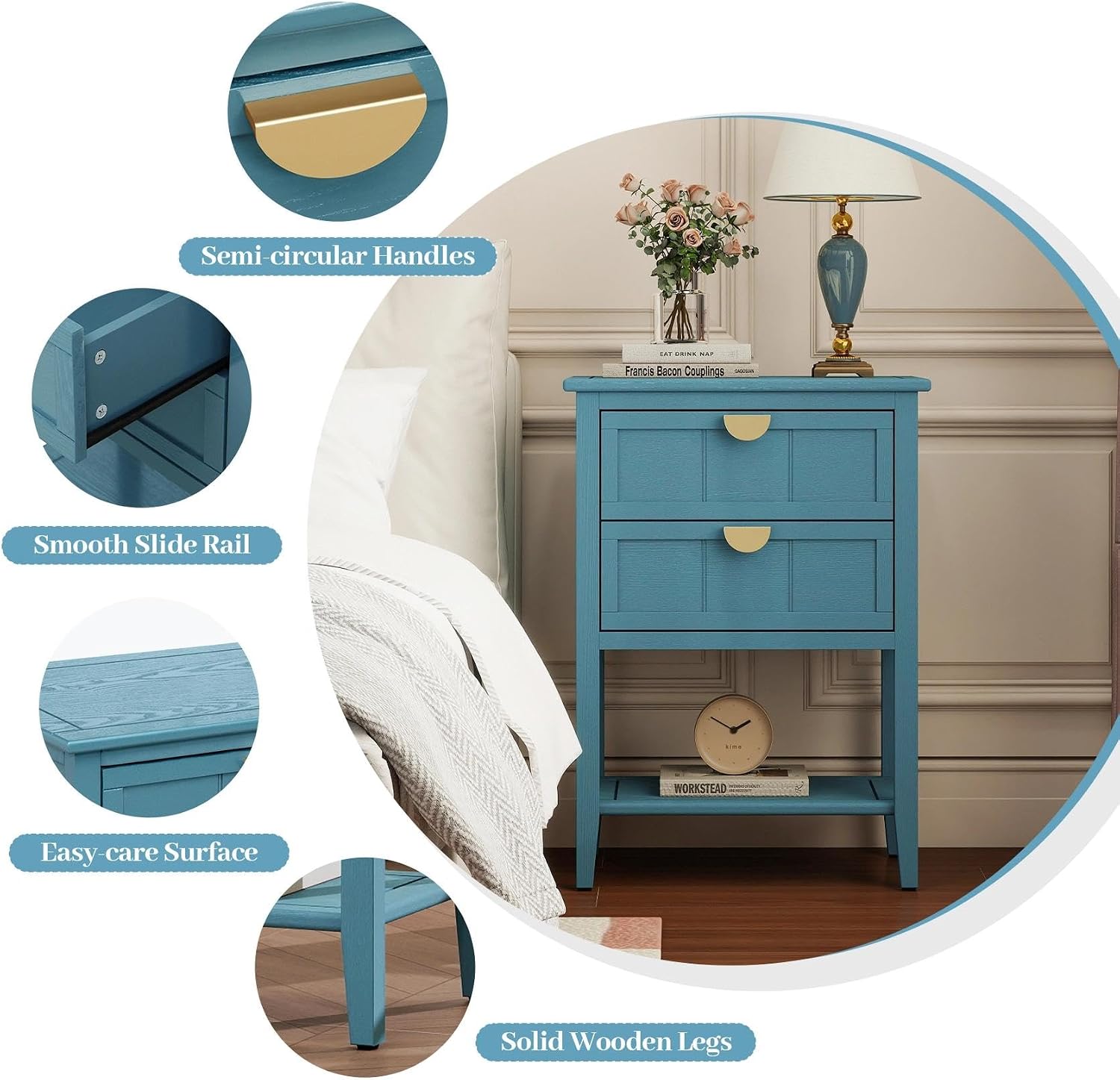 22" Blue Nightstand with 2 Storage Drawers Bedside Table with Open Shelf Modern Wood End Table for Bedroom Room Gold Handles