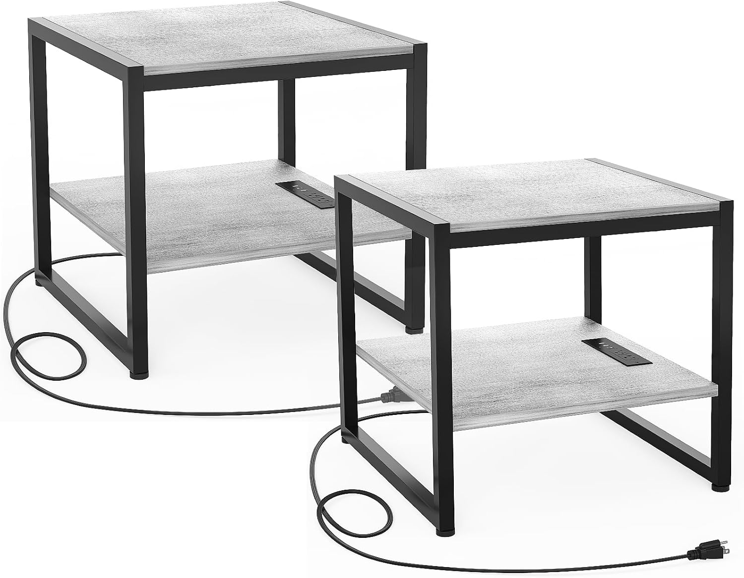 Homieasy End Table with Charging Station, 20" Mini Fridge Stand with Power Outlets, Heavy Duty Side Table for Living Room, Small Table Stand & Fridge Table, Light Oak, 2 Pack
