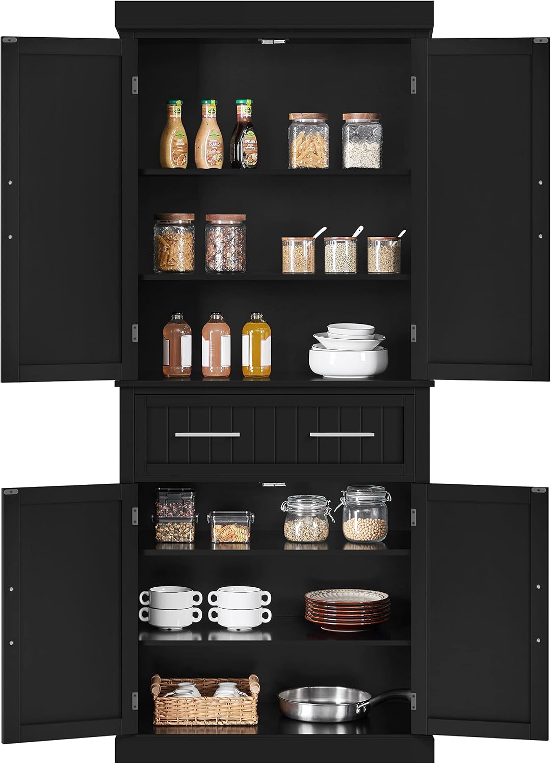 Topeakmart Kitchen Storage Cabinet, Tall Pantry Cabinet Cupboard with Drawer and Adjustable Shelves, Freestanding Storage Cabinet Organizer for Kitchen, Living Room, Dining Room, Bathroom, Black