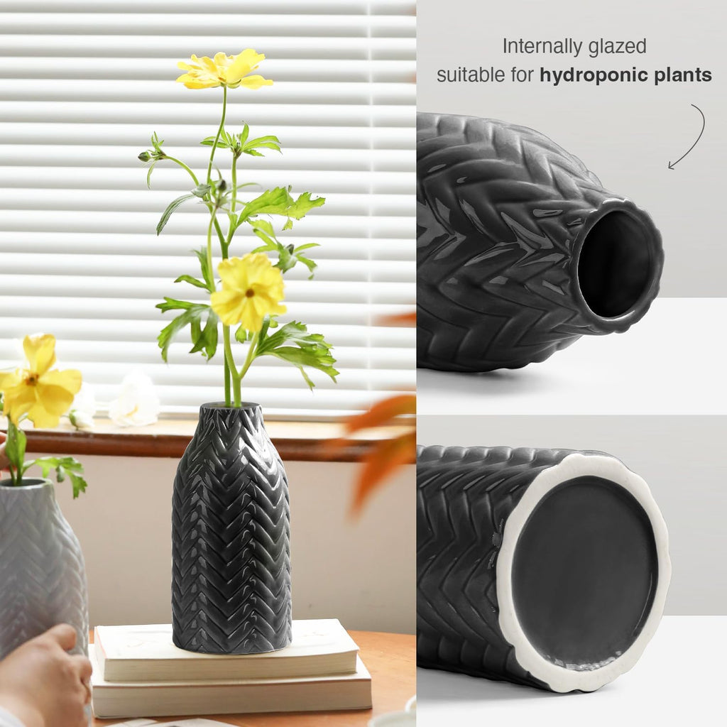 STHIE Black Embossed Ceramic Vase, 8 Inch Decorative Vase for Home Decor, Watertight Vase for Fresh or Dried Flowers, Boho Farmhouse Table Centerpiece