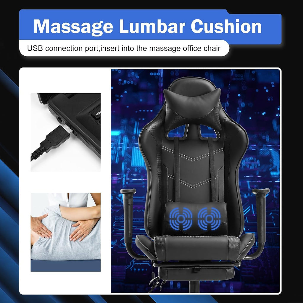 Massage Gaming Chair with Footrest - Ergonomic PC Office Chair with Lumbar Support, Headrest, Armrest - High Back PU Leather Recliner, Heavy Duty Swivel Gamer Chair, Black