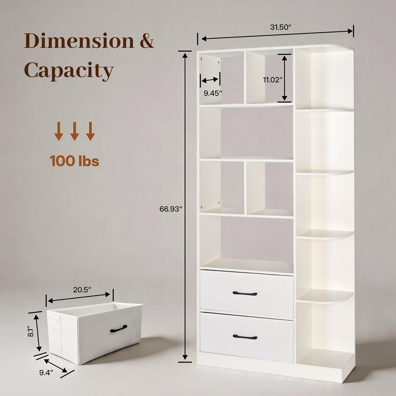 NORTHSKY Book Shelf with 2 X Fabric Drawers, 5-Tier Tall Bookshelf, Modern Wood Storage Organizer with Open Shelves for Living Room Bedroom Home Office, White