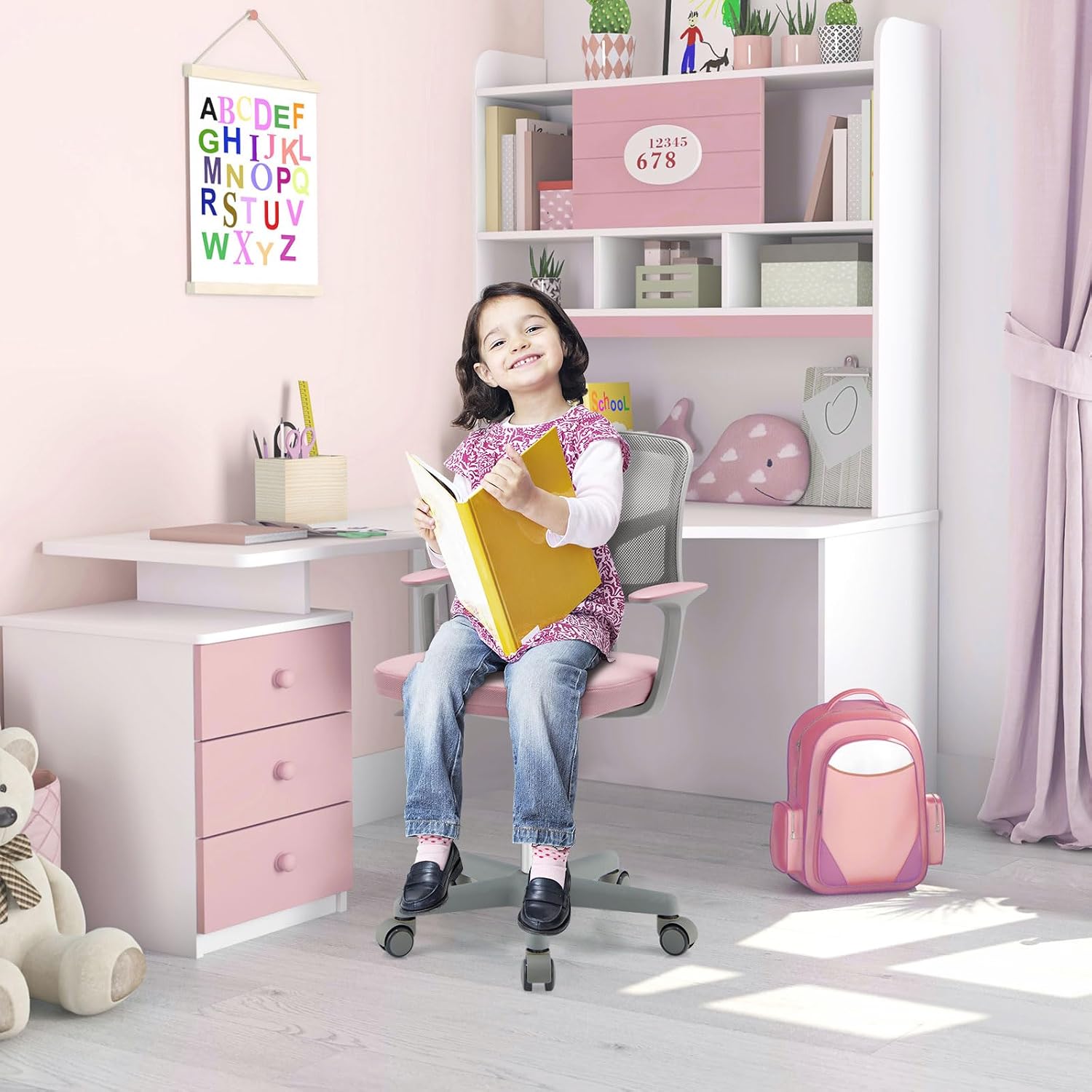 POWERSTONE Kids Desk Chair, Adjustable Mesh Computer Chair with Armrest, Soft Cushion and Mid Back Swivel Office Chair for Teens Students (Pink)