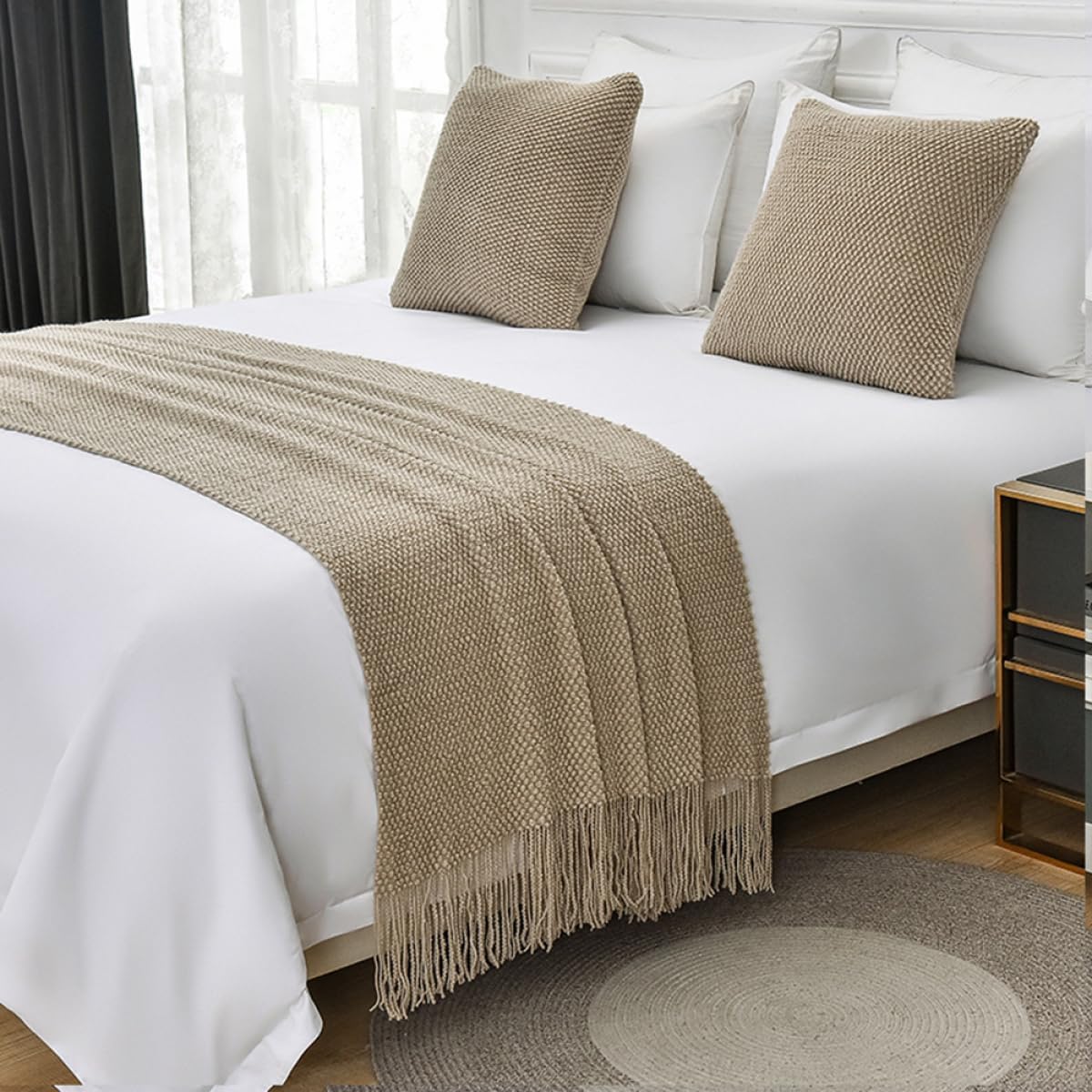 Knit Bed Runner with Tassels Solid Color Knitted Bed Scarf for Twin Queen King Beds, Bed Throw Blanket for Bedroom Hotel, 13 Colors, Matching Pillow Covers Optional-Khaki||60x260cm
