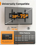 Perlegear Long Arm TV Wall Mount Full Motion with Surge Protection Power Strip for 38–75 Inch TVs, Corner TV Mount with 31.5″ Long Extension, Swivel, Tilt, Max VESA 600x400mm, Holds up to 100 lbs
