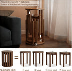 Solid Wood Stackable Stools Set of 4, 100% Wooden Stool No Installation Required Walnut Side Table Multifunctional Space Saving 18 Inch Round Stool Modular Interlocking Coffe Table for Living Room