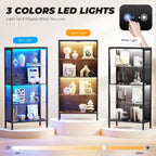 Display Cabinet with Glass Doors, 4-Tier Curio Cabinet with 3 Color Lights, Metal Glass Display Case with Motion Sensor, Storage Cabinets with Adjustable Glass Shelves, Bookcase, Black