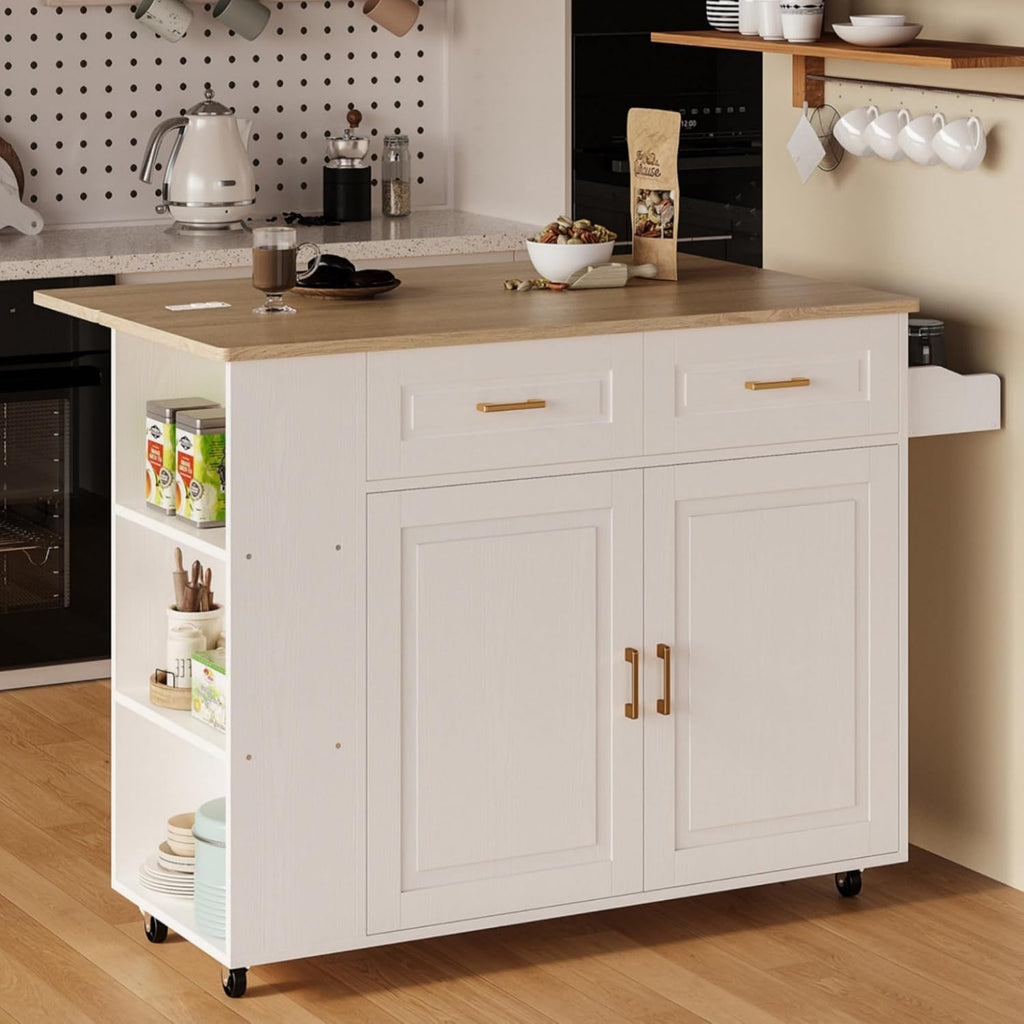 IRONCK Kitchen Island with Power Outlet & Drop Leaf, 47.2" Width Rolling Kitchen Island on Wheels with Storage, Mobile Kitchen Island Cart with Spice Rack, Open Shelves and Drawer, White