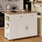 IRONCK Kitchen Island with Power Outlet & Drop Leaf, 47.2" Width Rolling Kitchen Island on Wheels with Storage, Mobile Kitchen Island Cart with Spice Rack, Open Shelves and Drawer, White