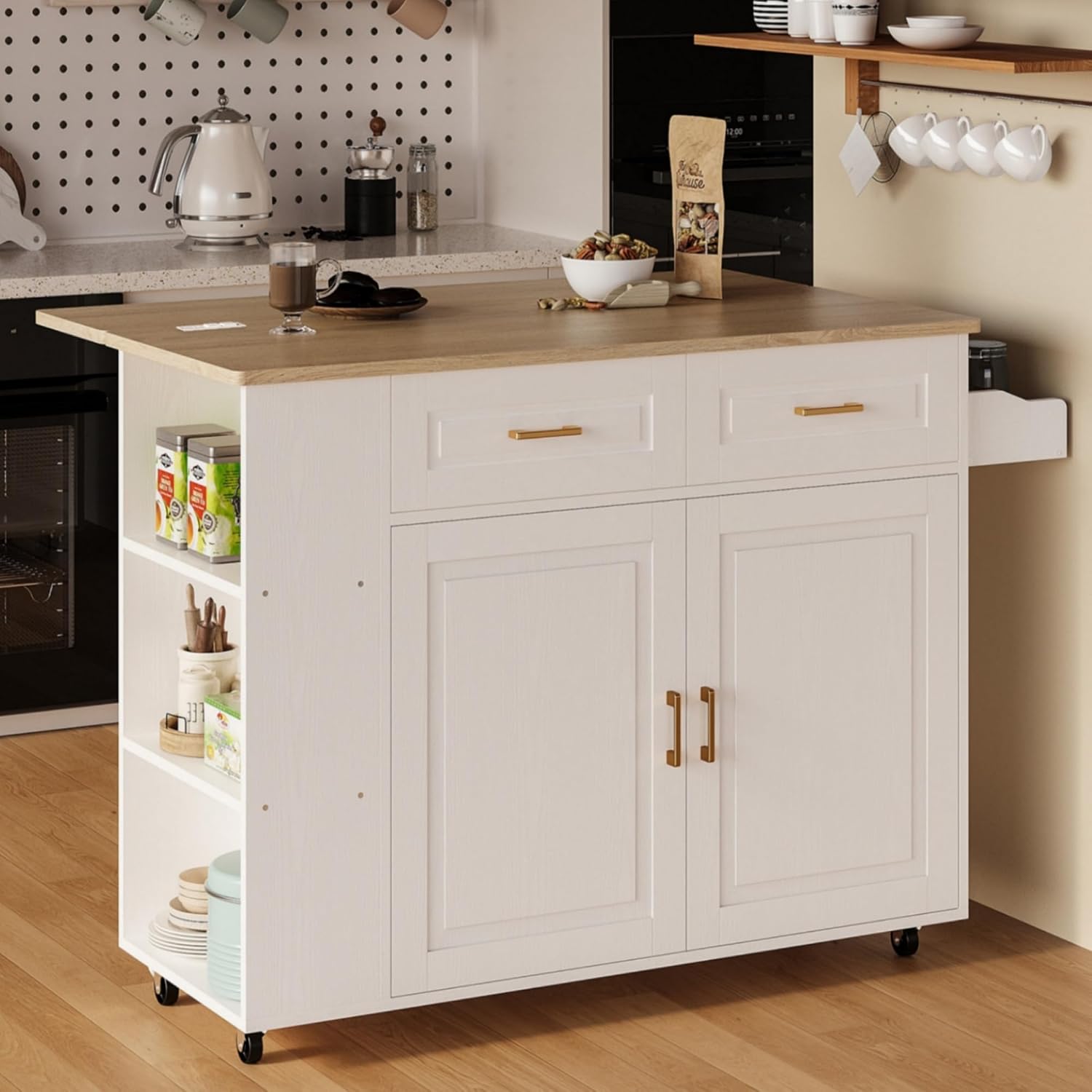 IRONCK Kitchen Island with Power Outlet & Drop Leaf, 47.2" Width Rolling Kitchen Island on Wheels with Storage, Mobile Kitchen Island Cart with Spice Rack, Open Shelves and Drawer, White
