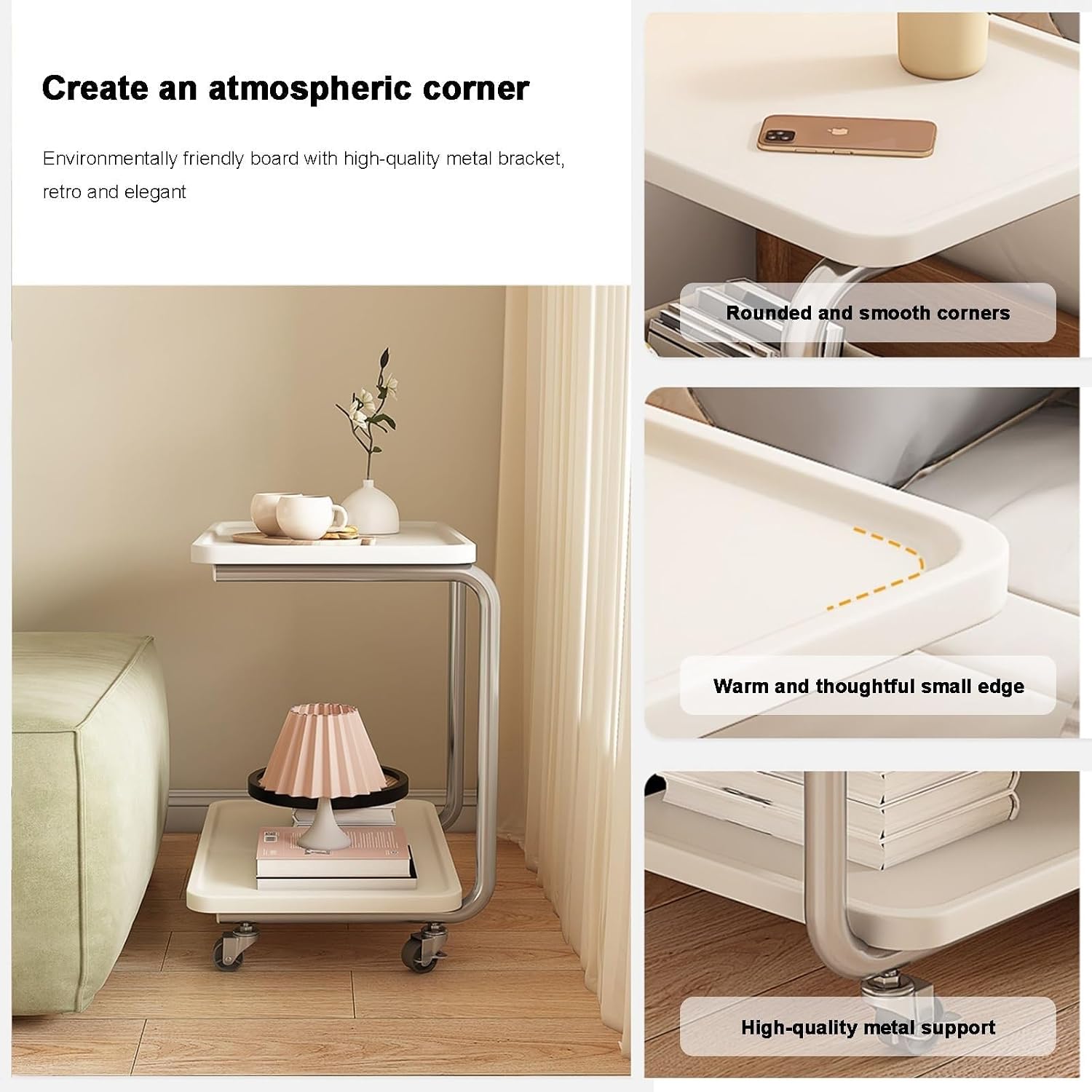 C Shaped End Table with Wheel TV Tray Sofa Table Metal Frame Waterproof Top Movable Laptop Side Table for Living Room Lightweight