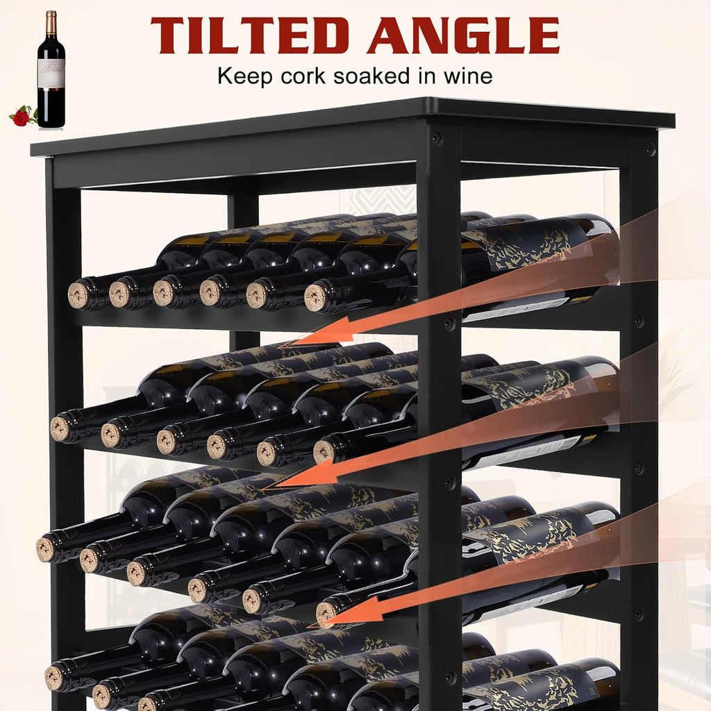 Bamboo Wine Rack Freestanding Floor, 7-Tier 42-Bottle Wine Storage Shelf with Table Top - Black