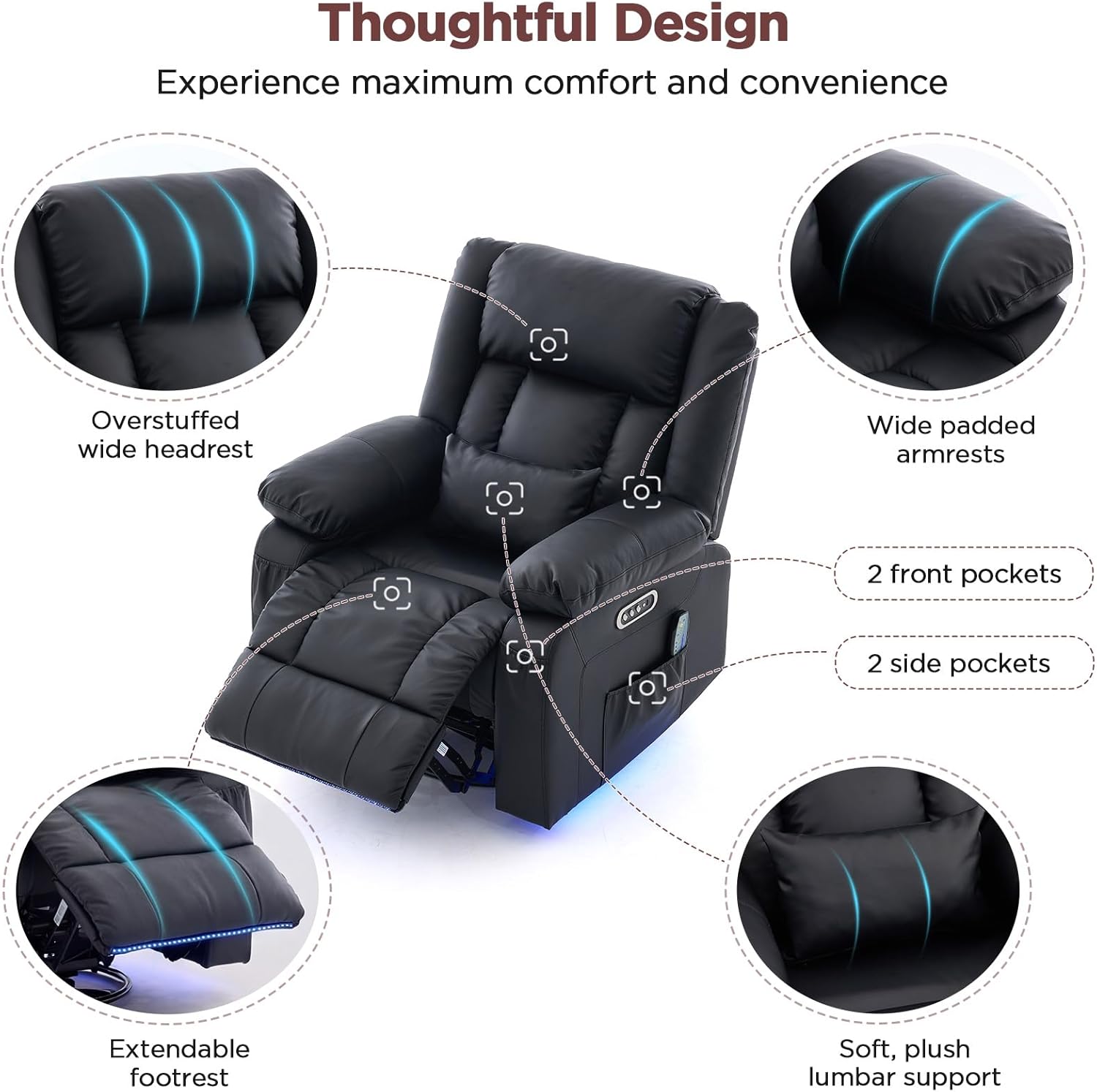 Power Swivel Rocker Recliner Chair with Independent Footrest Control | Massage Recliner Chair, Dual Motor, Nursery Rocker Reclining Chair with Pockets, LED Light for Living Room, PU Black
