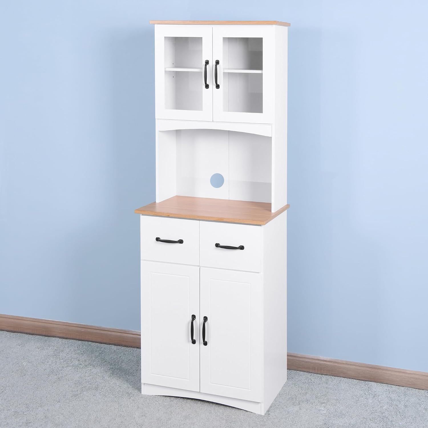 Modern Kitchen Cabinet with Hutch,Freestanding Kitchen Pantry Organizer with Microwave Stand, Wooden Buffet Cabinet for Dining Room