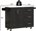 4 EVER WINNER 43" Modern Kitchen Island on Wheels with Drop Leaf & Storage, Faux Marble Tabletop, 3 Drawers with Spice Rack & Towel Rack, Rolling Kitchen Cart for Small Space, Black