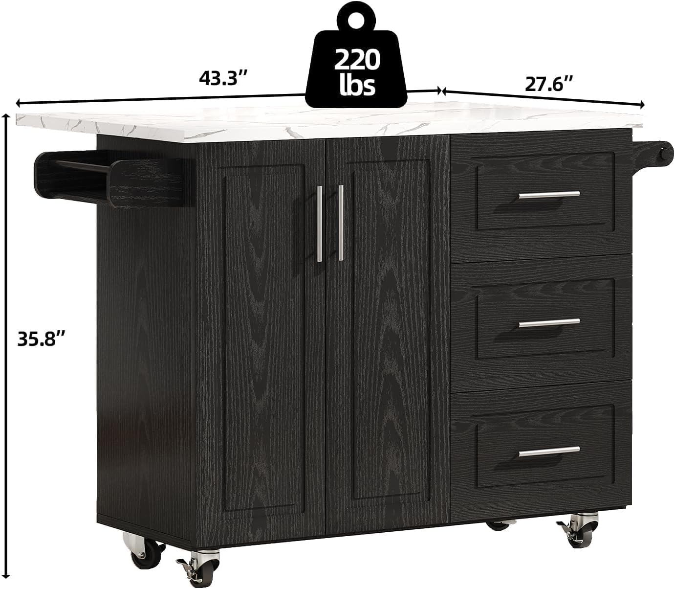 4 EVER WINNER 43" Modern Kitchen Island on Wheels with Drop Leaf & Storage, Faux Marble Tabletop, 3 Drawers with Spice Rack & Towel Rack, Rolling Kitchen Cart for Small Space, Black
