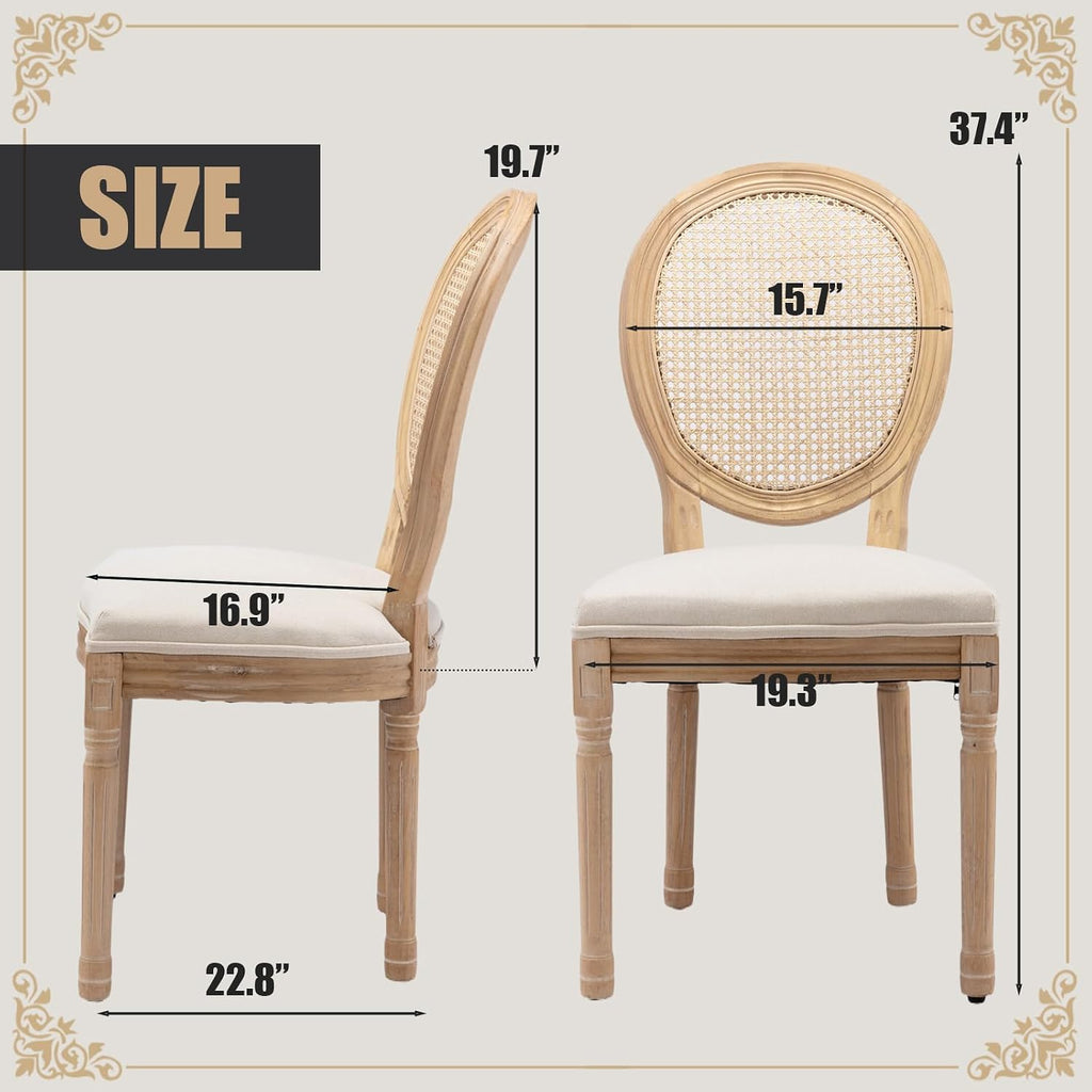 SoarFlash French Dining Chairs Set of 4, Vantage Linen Dining Chair with Round Back, Farmhouse Country Rattan Dining Chair for Living Room,Kitchen,Bedroom,Beige
