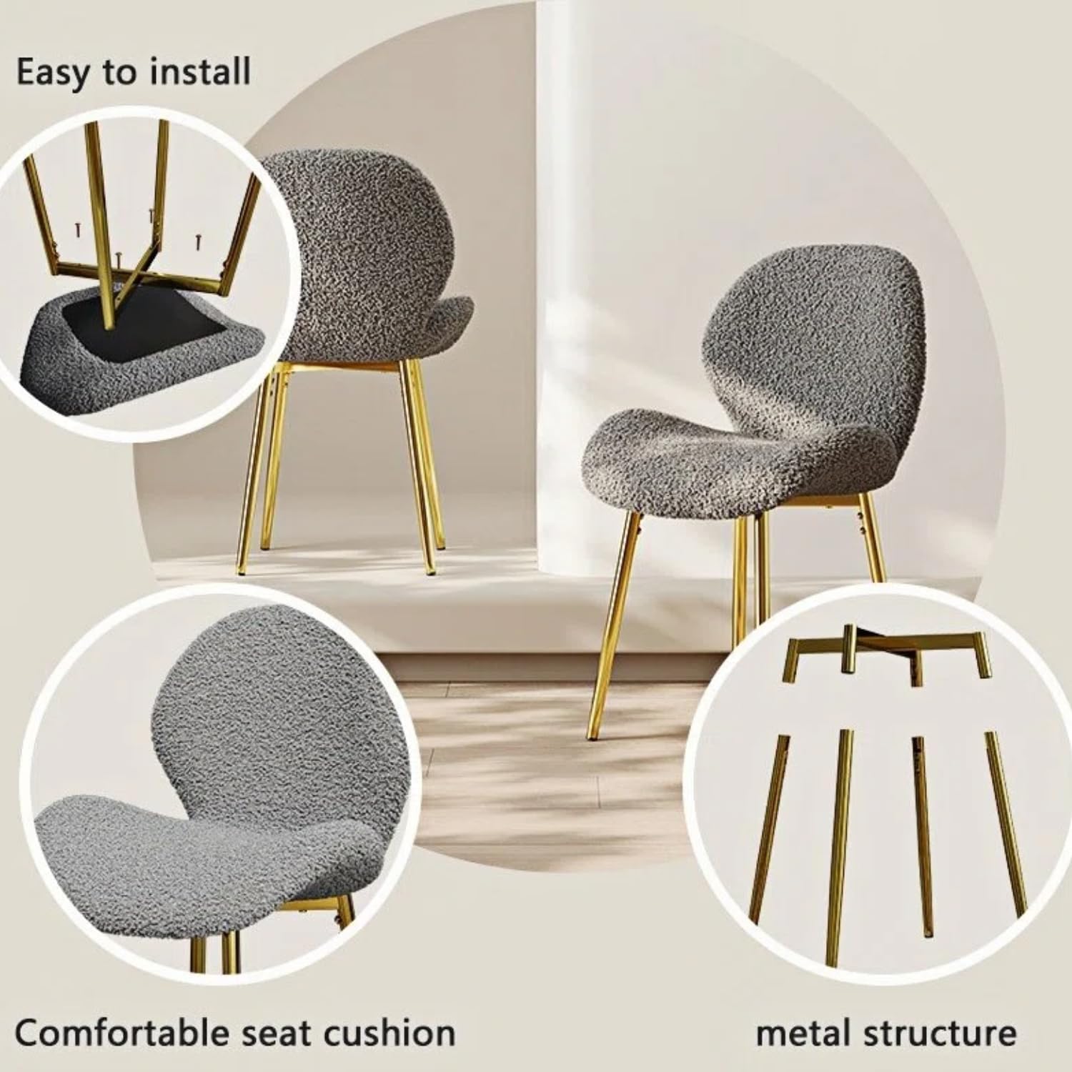 Set of 2 Soft Teddy Velvet Dining Chairs with Shell-Shaped Back, Stable Metal Legs, Easy Assembly | Perfect for Kitchen, Living Room, Restaurant, Cafe (Grey)