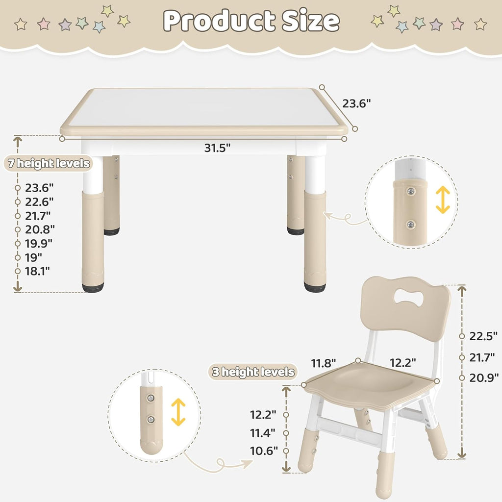 DOREROOM Kids Table and 2 Chairs Set, Height-Adjustable Toddler Table and Chair Set with Graffiti Desktop, 31.5''L x 23.6''W Children Activity Table for Daycare, Classroom, Home