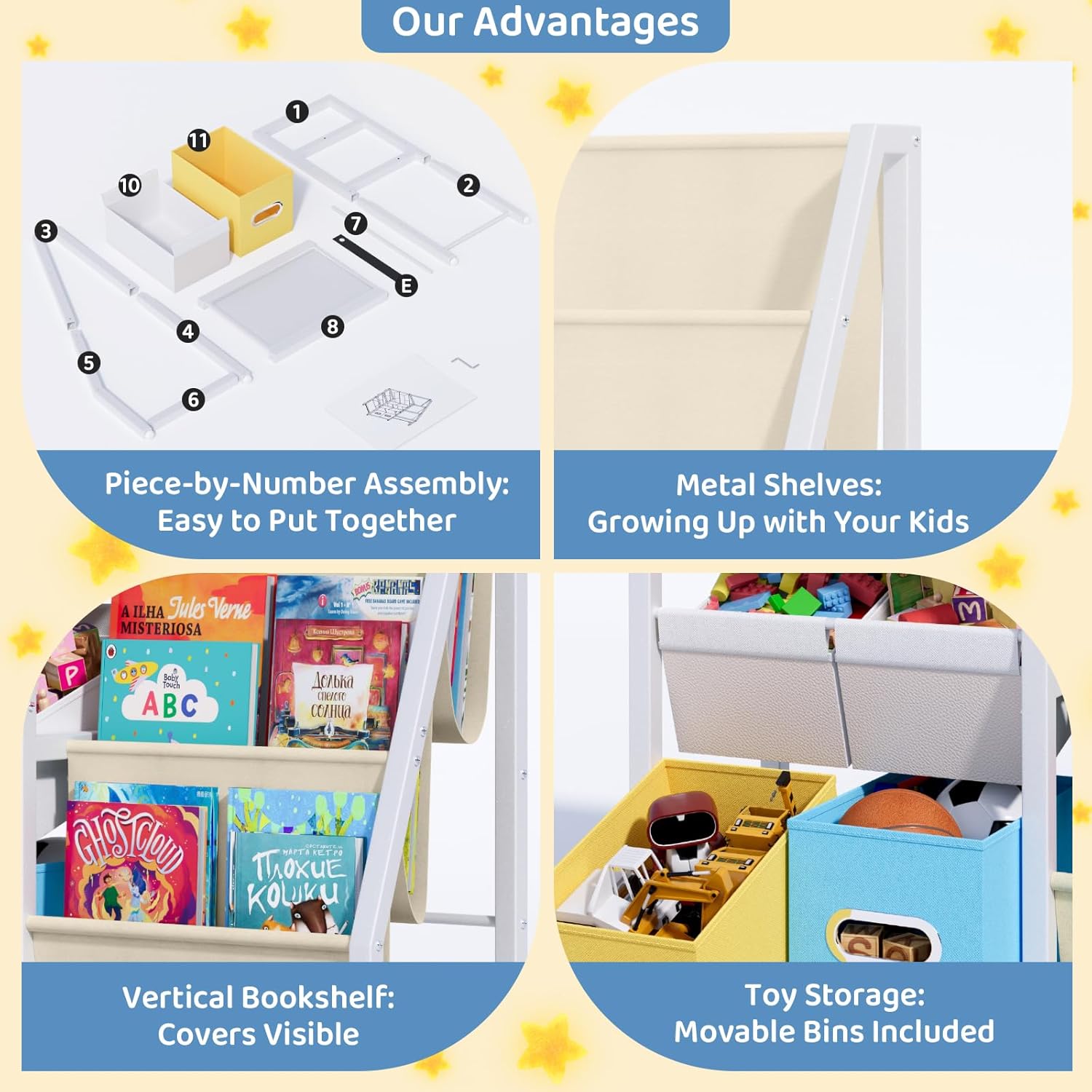 LATIBELL Kids Bookshelf Toy Storage Organizer - Book Shelf for Kid Rooms, 6 Toy Bins for Kid Organizer and 3 Sling Kids Bookcase, Toddler Baby Montessori Nursery Bookshelf Childrens Book Rack Display