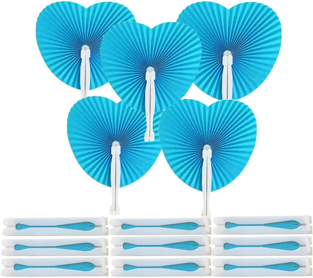 5Pcs Heart-Shaped Paper Fans, Foldable Handheld Fans for Wedding, Bridal Shower, Party Favors & Decorations, Blue/Pink
