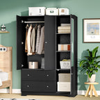 VINGLI Armoire Wardrobe Closet with Doors and Mirror,47" W Wardrobe Cabinet Wooden with Hanging Rod & Shelves Inside, 4 Door Bedroom Armoires with Drawers, Black Freestanding Armoire for Bedroom