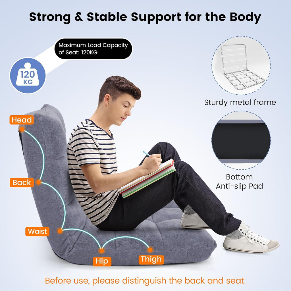 MAT EXPERT Floor Chair with Back Support, Floor Gaming Chair w/ 14 Adjustable Position, Soft Coral Fleece&Alloy Steel Frame, Foldable Padded Lazy Couch Recliner for Meditating (Gray, Large)