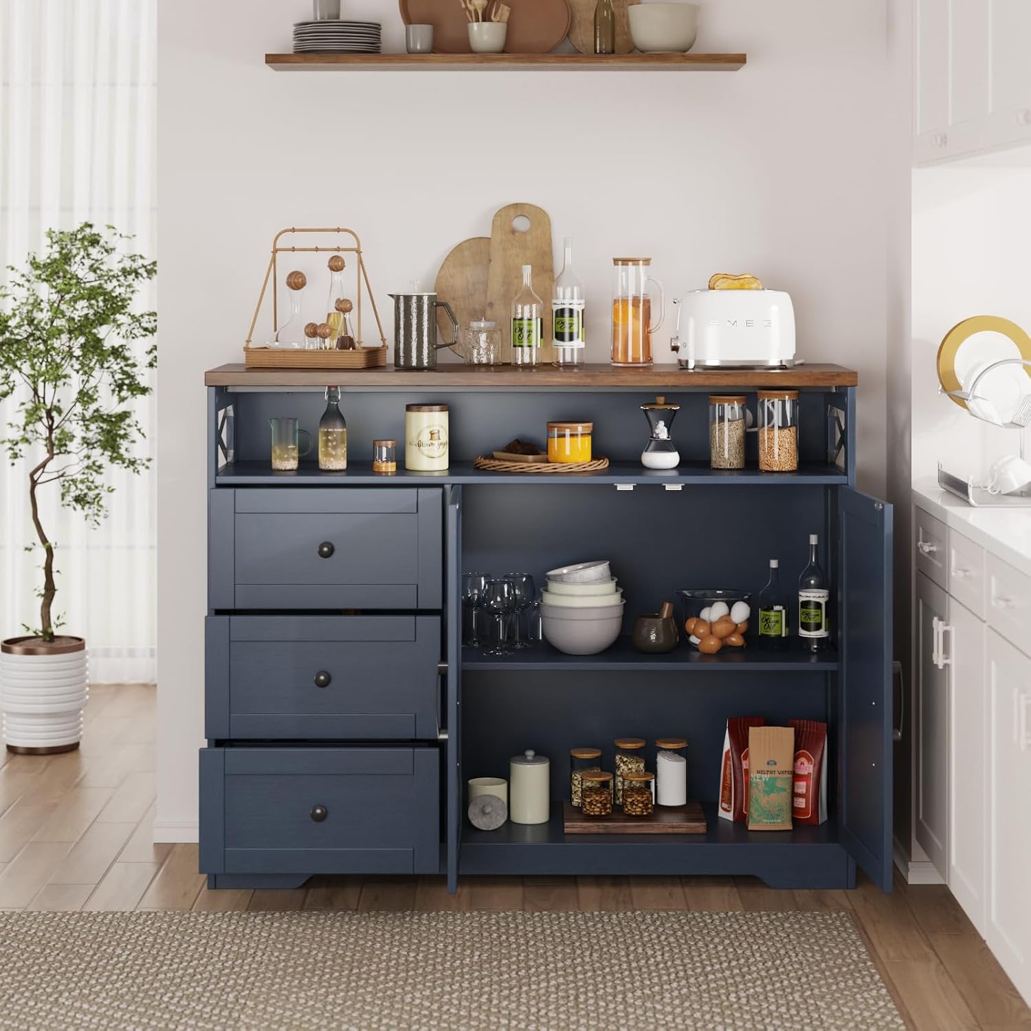 Befrases Farmhouse Buffet Cabinet with Drawers & Open Shelf, Sideboard with Storage, Kitchen Pantry Cabinet Hutch, Coffee Bar Station for Kitchen, Livingroom, 47" L Blue
