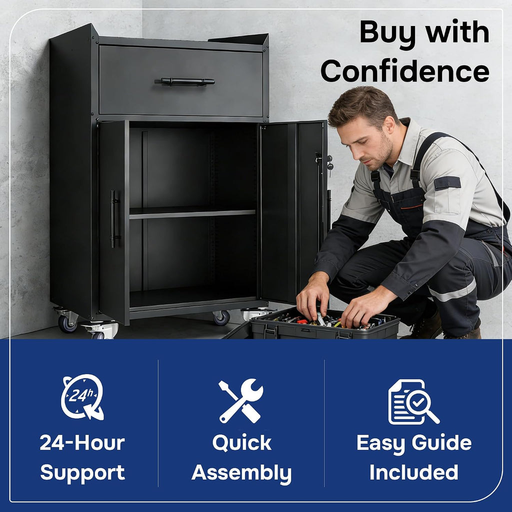 Metal Storage Cabinet with Wheels,Adjustable Shelves with Doors and Lock,Sturdy and Durable Heavy Duty Utility Storage Cabinet for Office/Kitchen/Garage/Pantry Organizer