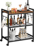 CHOEZON 3-Tier Rolling Bar Cart, Vintage Metal Kitchen Cart with Wheels, Mobile Storage Shelf, Rolling Microwave Stand with Mesh Shelves for Home Bar, Kitchen, Rustic Brown and Black TTC06BF