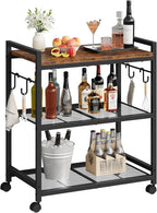 CHOEZON 3-Tier Rolling Bar Cart, Vintage Metal Kitchen Cart with Wheels, Mobile Storage Shelf, Rolling Microwave Stand with Mesh Shelves for Home Bar, Kitchen, Rustic Brown and Black TTC06BF