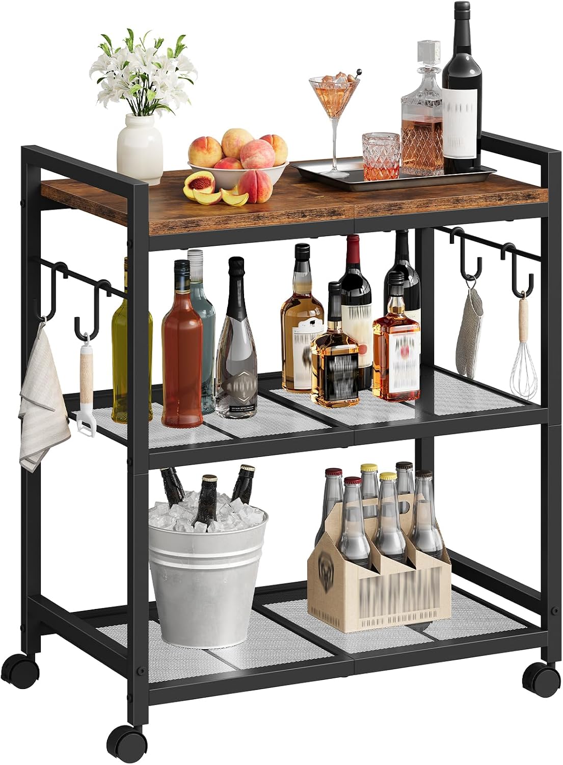 CHOEZON 3-Tier Rolling Bar Cart, Vintage Metal Kitchen Cart with Wheels, Mobile Storage Shelf, Rolling Microwave Stand with Mesh Shelves for Home Bar, Kitchen, Rustic Brown and Black TTC06BF