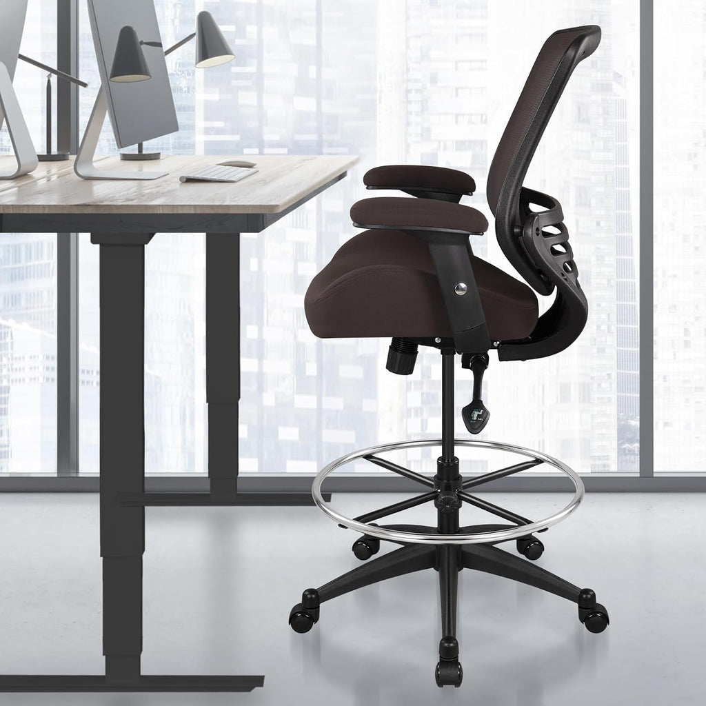 BOLISS 400lbs Mesh Ergonomic Drafting Chair,Tall Office Chair, Standing Desk Chair,Height Adjustable Armrest,Lumbar Support,Foot Ring,Swivel Computer Task Chair(Brown)
