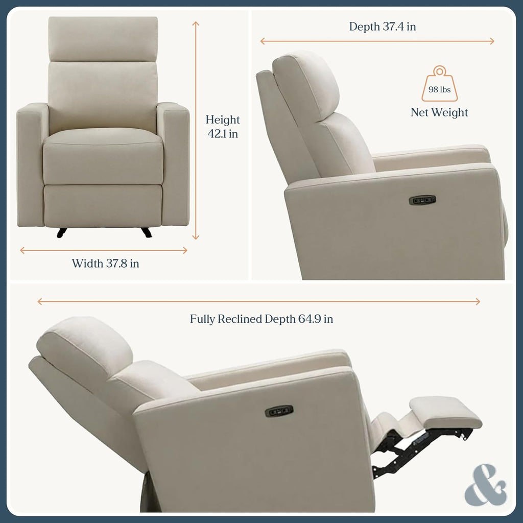 Nurture& The Glider Premium Power Recliner Nursery Glider Chair with Adjustable Head Support | Designed with a Thoughtful Combination of Function and Comfort | Built-in USB Charger (Ivory)