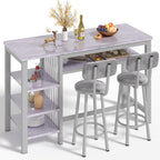 AWQM 3-Piece Bar Table and Chairs Set, Modern Gray Table with 2 PU Cushion Bar Stools, Kitchen Counter with 3 Tier Storage Shelves, Space Saving Table for Home & Kitchen, Black Frame