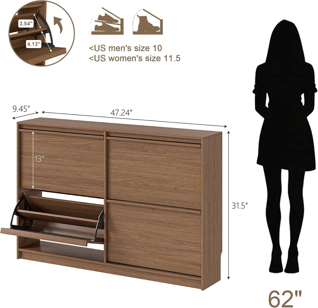 Shoe Storage Cabinet for Entryway with 4 Flip Drawers, Wooden Shoe Organizer Cabinet with Adjustable Shelf, Slim Freestanding Shoe Rack for Entryway, Hallway, Living Room, Walnut