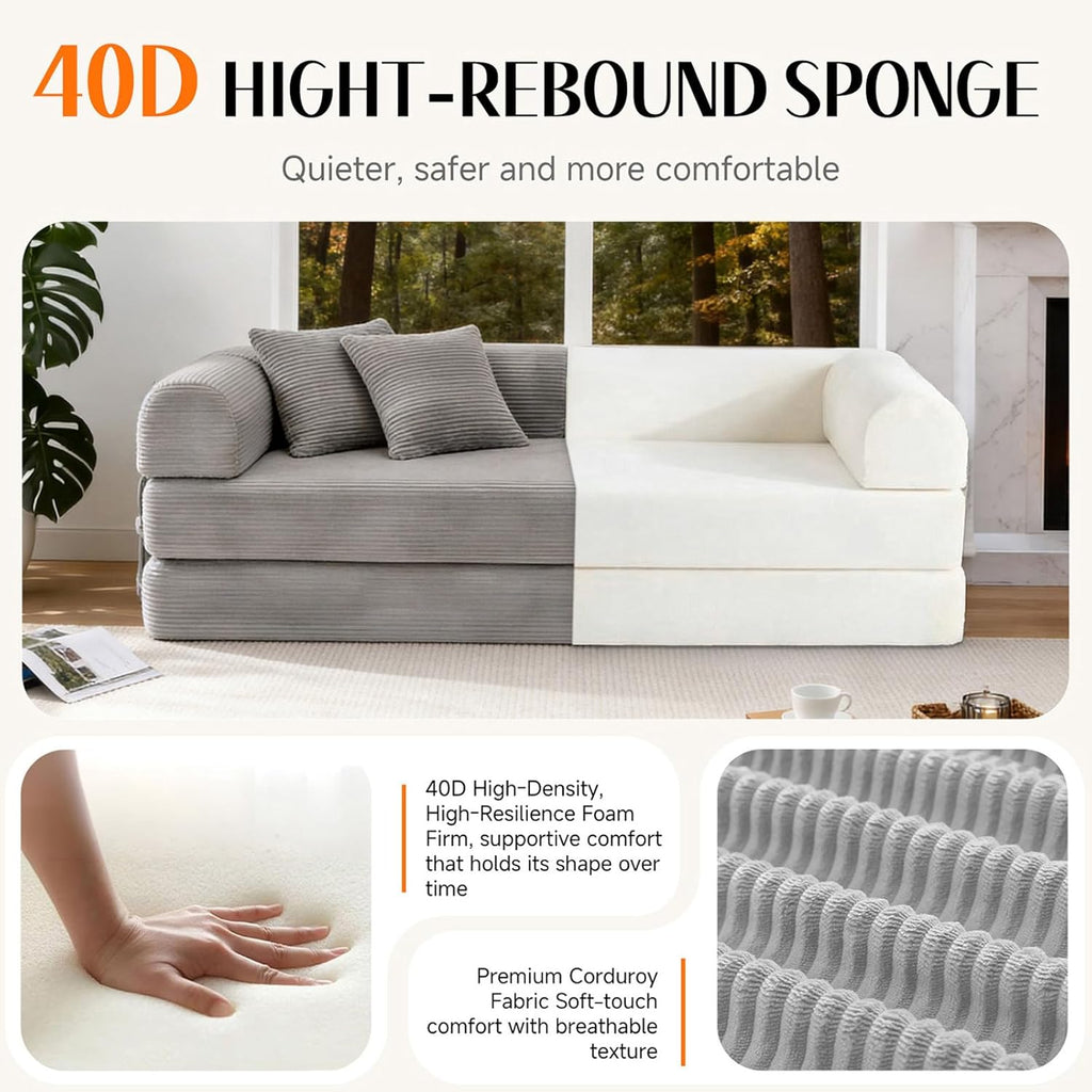 79'' Convertible Sofa Bed, Boneless Couch-in-a-Box, Corduroy Floor Futon Loveseat Sleeper, 26'' Deep Seat, Removable Machine-Wash Covers, No Assembly, 2 Pillows, Light Grey